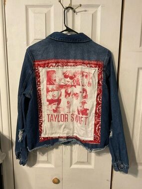 Taylor Swift Upcycled Back Graphic and Distressed Denim Jacket - Size Women's XL